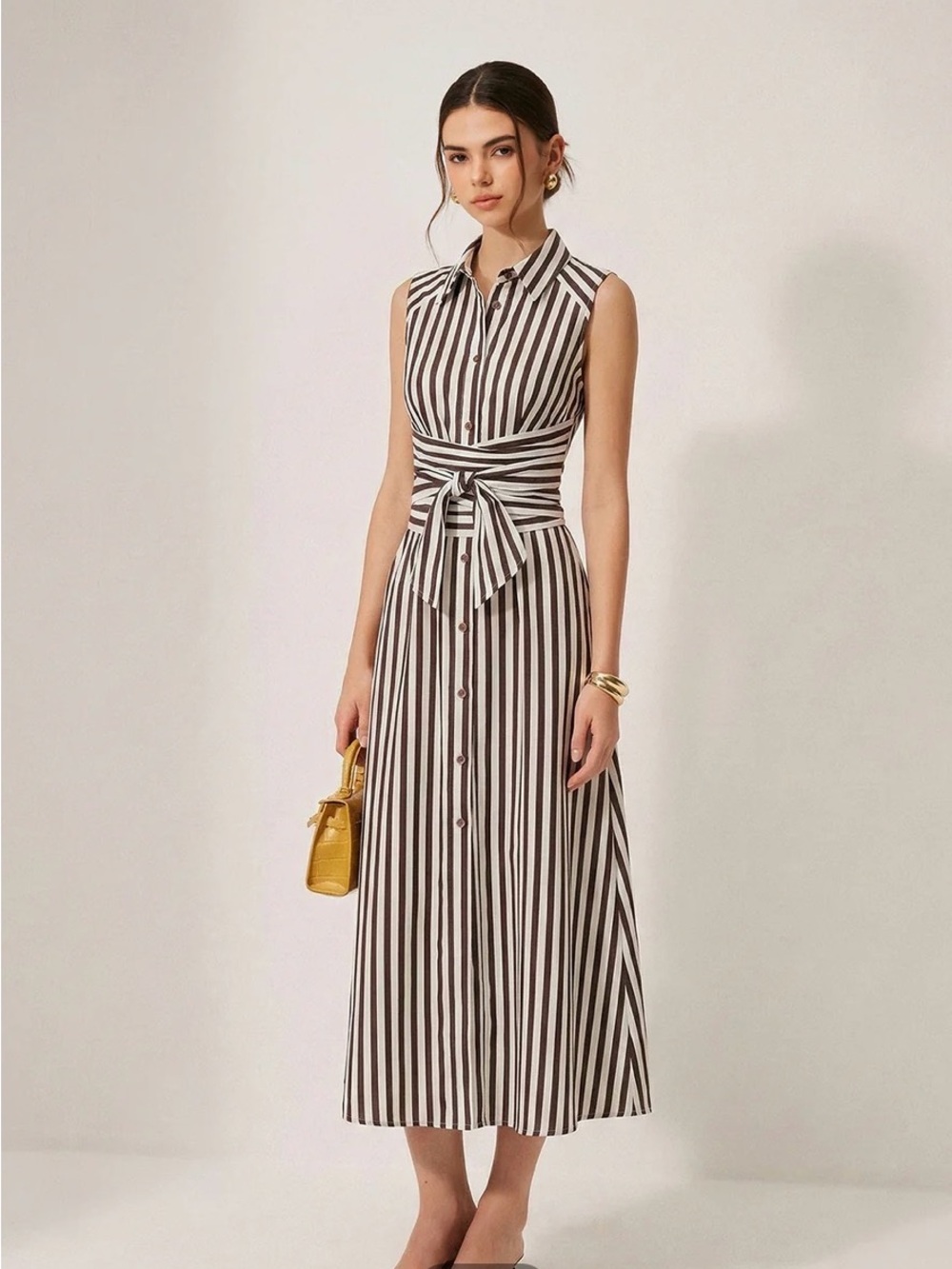 Commense Black and White Striped Sleeveless Midi Shirt Dress